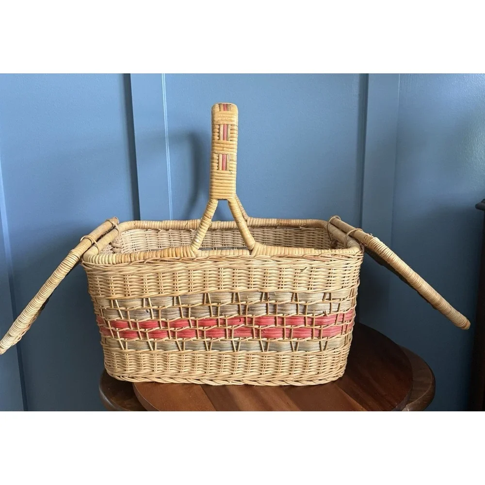 Vintage Wicker Picnic Market Basket Double Lid Terracotta Sage Large